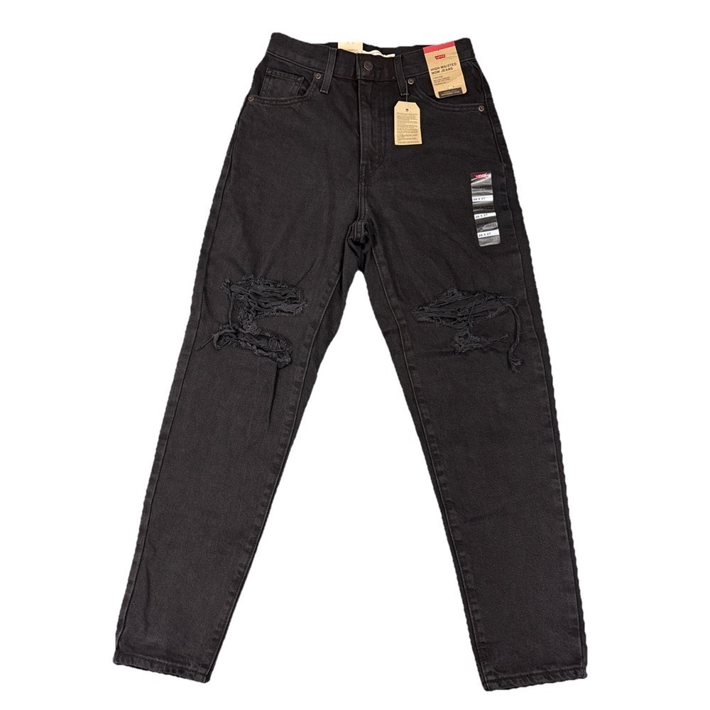 NEW Levi's High Waisted Mom Jeans Womens 26x27 Black Distressed Grunge Tapered